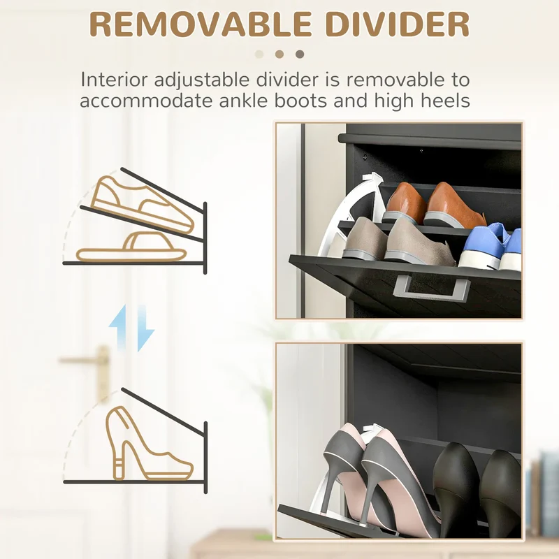 Shoe Storage Cabinet, 2 Flip Drawers, Adjustable Shelves, 10 Pairs, Black