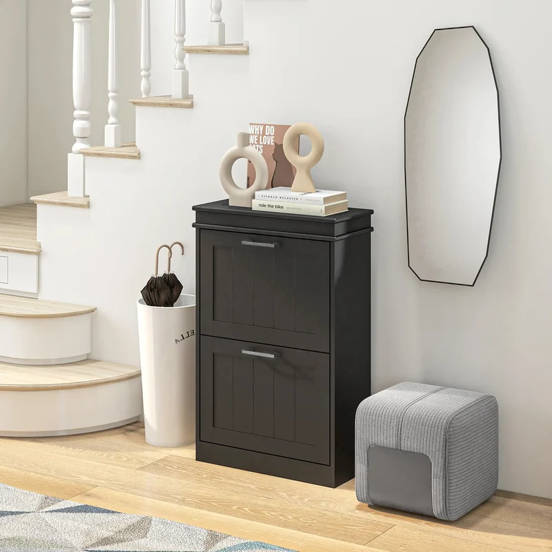 Shoe Storage Cabinet, 2 Flip Drawers, Adjustable Shelves, 10 Pairs, Black
