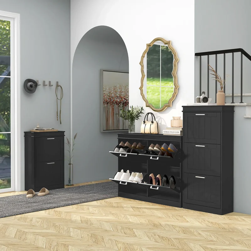 Shoe Storage Cabinet, 2 Flip Drawers, Adjustable Shelves, 10 Pairs, Black