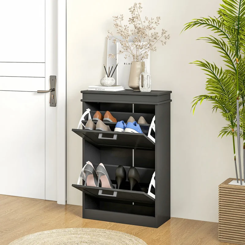 Shoe Storage Cabinet, 2 Flip Drawers, Adjustable Shelves, 10 Pairs, Black