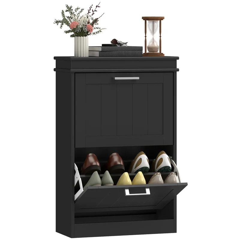 Shoe Storage Cabinet, 2 Flip Drawers, Adjustable Shelves, 10 Pairs, Black