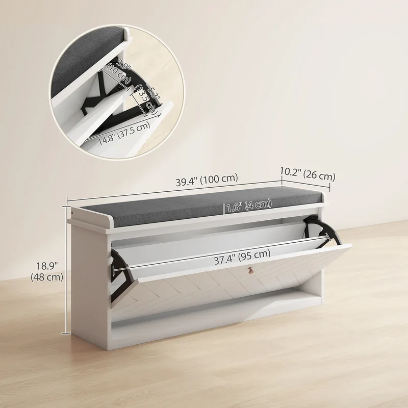 Upholstered Shoe Storage Bench with Flip Drawer, Adjustable Shelf, 10 Pairs