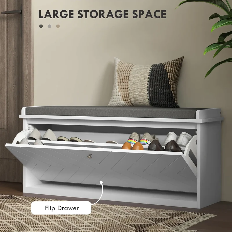 Upholstered Shoe Storage Bench with Flip Drawer, Adjustable Shelf, 10 Pairs