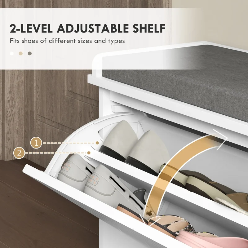 Upholstered Shoe Storage Bench with Flip Drawer, Adjustable Shelf, 10 Pairs