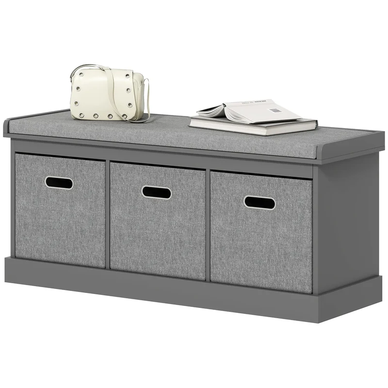 Shoe Storage Bench with Seat, 3 Fabric Drawers, Dark Grey