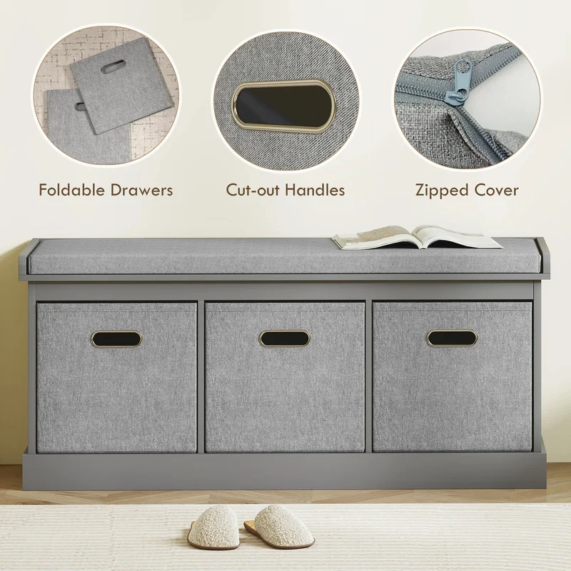 Shoe Storage Bench with Seat, 3 Fabric Drawers, Dark Grey