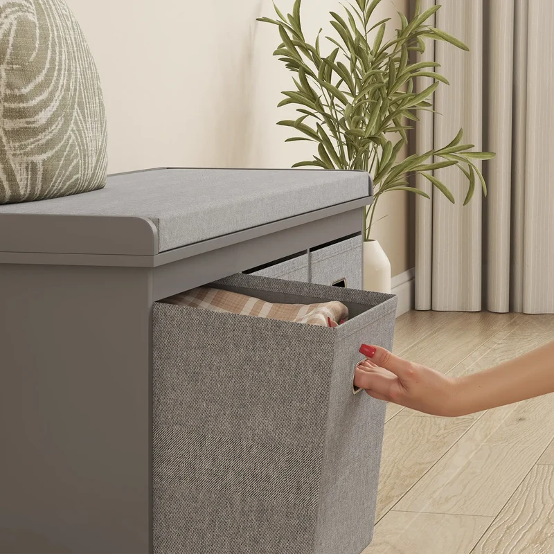 Shoe Storage Bench with Seat, 3 Fabric Drawers, Dark Grey