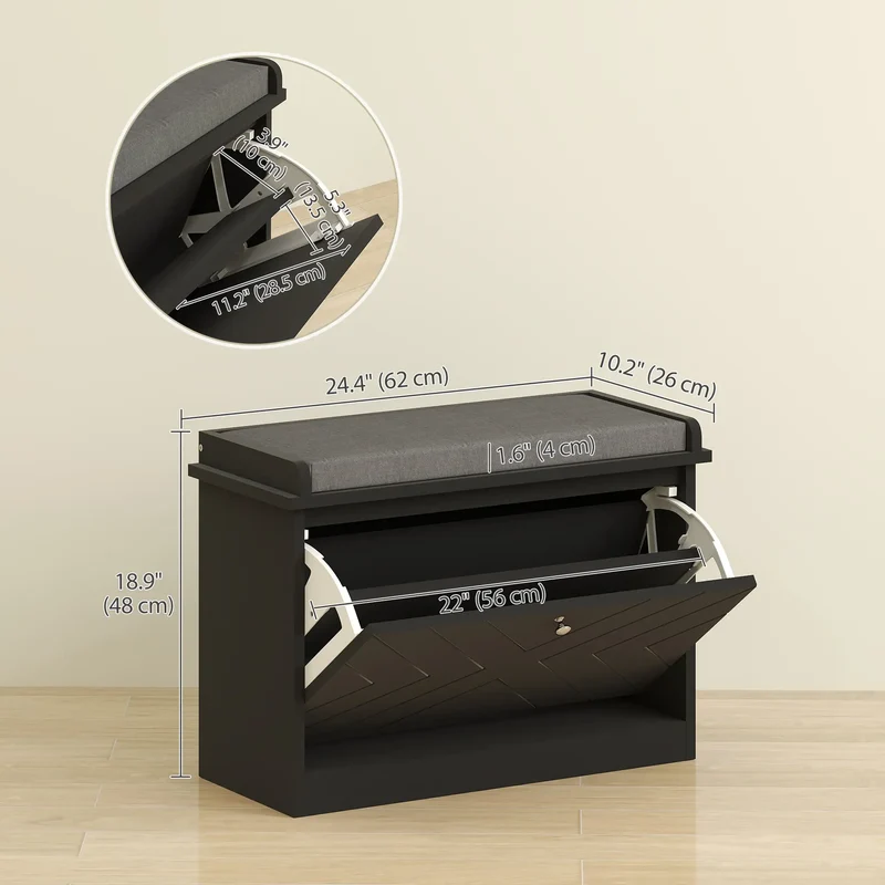 Shoe Storage Bench with Seat, Flip Drawer, Adjustable Shelf, 6 Pairs