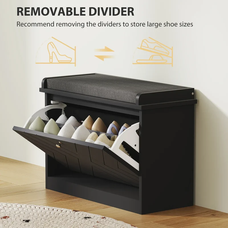 Shoe Storage Bench with Seat, Flip Drawer, Adjustable Shelf, 6 Pairs