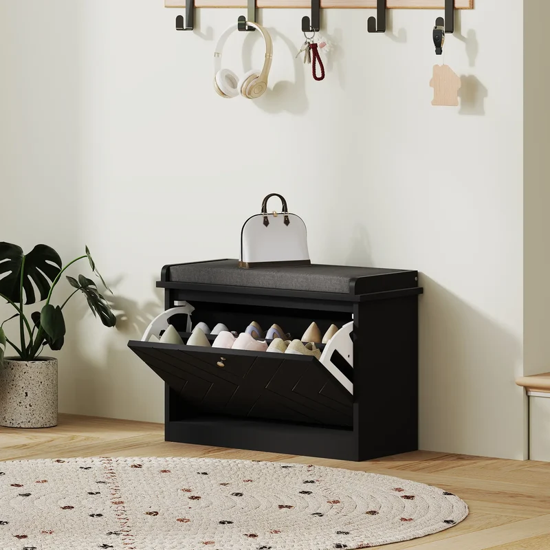 Shoe Storage Bench with Seat, Flip Drawer, Adjustable Shelf, 6 Pairs