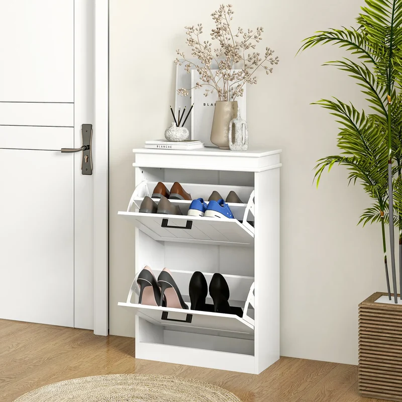 Shoe Storage Cabinet, 2 Flip Drawers, Adjustable Shelves, 10 Pairs, White