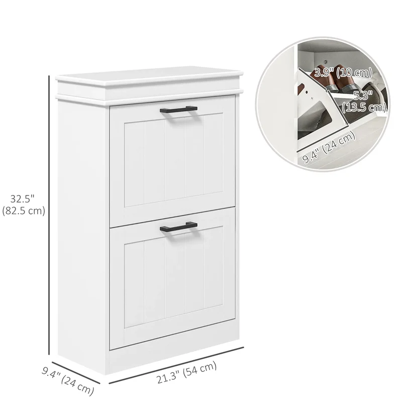 Shoe Storage Cabinet, 2 Flip Drawers, Adjustable Shelves, 10 Pairs, White