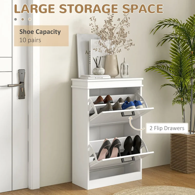 Shoe Storage Cabinet, 2 Flip Drawers, Adjustable Shelves, 10 Pairs, White