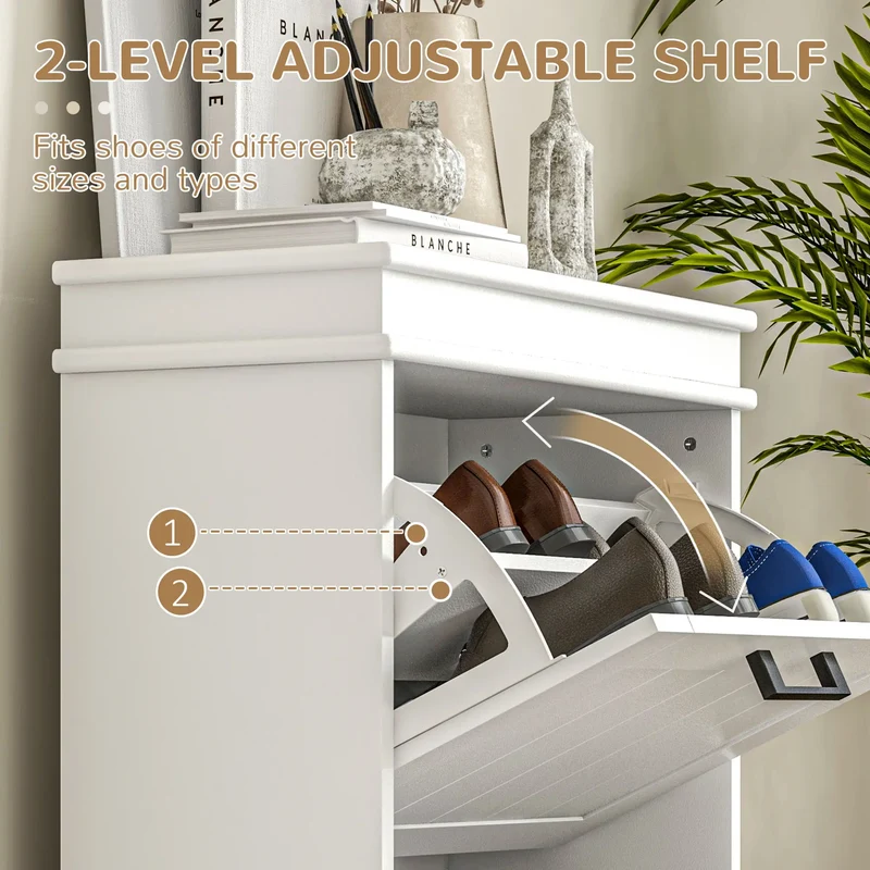 Shoe Storage Cabinet, 2 Flip Drawers, Adjustable Shelves, 10 Pairs, White