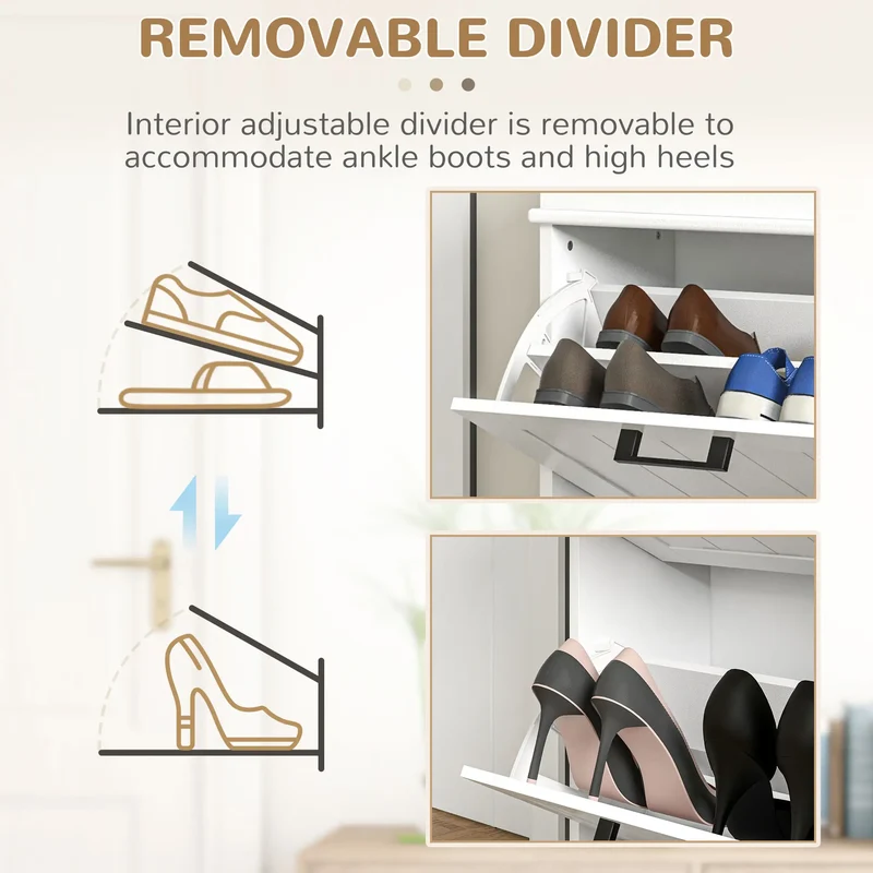 Shoe Storage Cabinet, 2 Flip Drawers, Adjustable Shelves, 10 Pairs, White