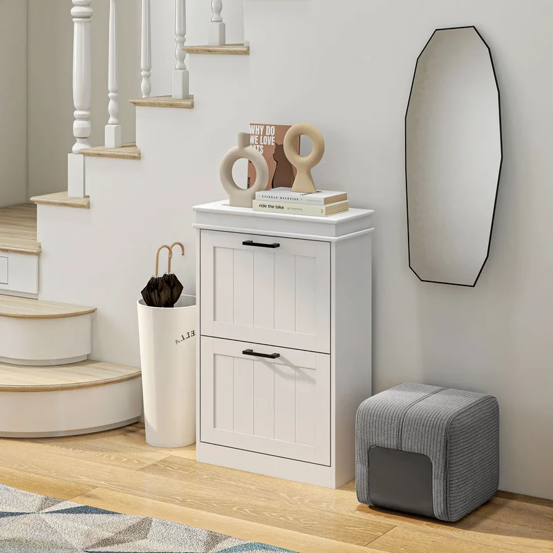 Shoe Storage Cabinet, 2 Flip Drawers, Adjustable Shelves, 10 Pairs, White