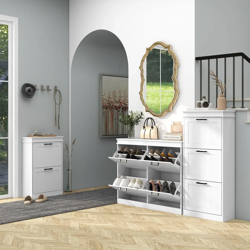 Shoe Storage Cabinet, 2 Flip Drawers, Adjustable Shelves, 10 Pairs, White