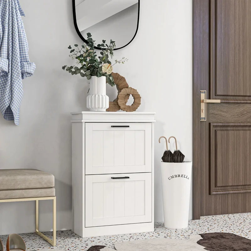 Shoe Storage Cabinet, 2 Flip Drawers, Adjustable Shelves, 10 Pairs, White
