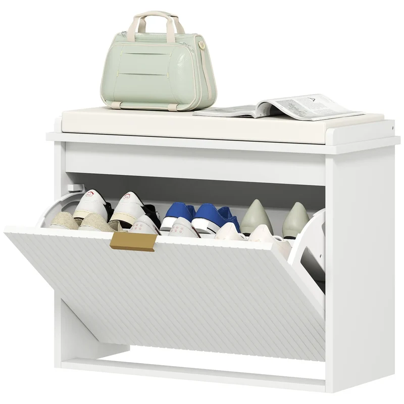 Entryway Bench with Padded Seat, Flip-Drawers, Holds 265lbs, Shoe Storage for 6 Pairs, White