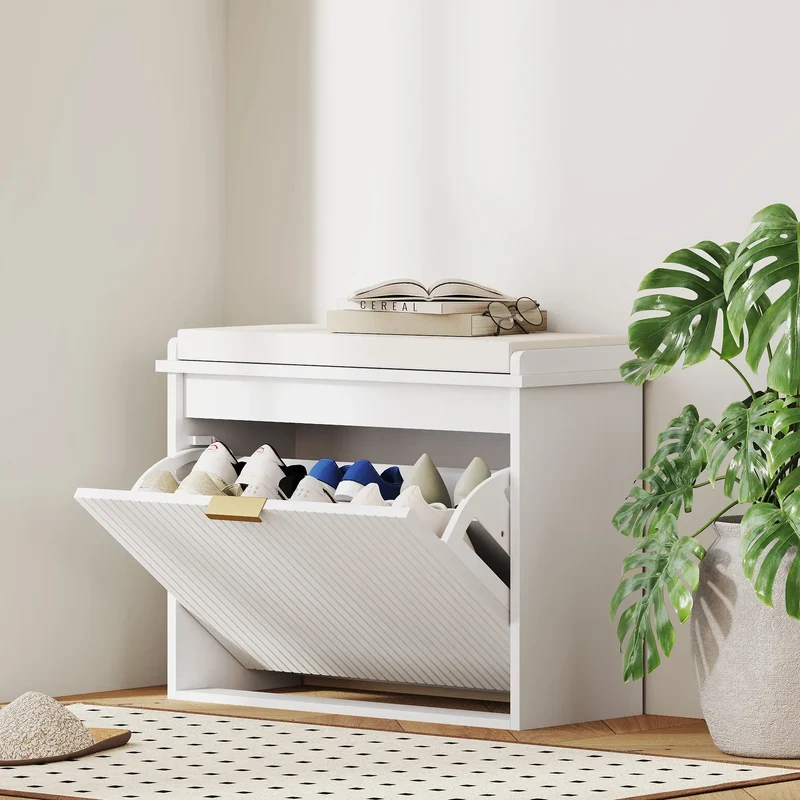 Entryway Bench with Padded Seat, Flip-Drawers, Holds 265lbs, Shoe Storage for 6 Pairs, White