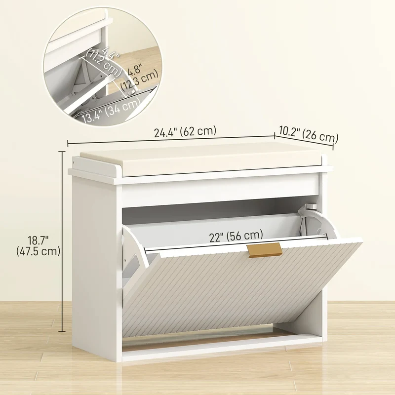 Entryway Bench with Padded Seat, Flip-Drawers, Holds 265lbs, Shoe Storage for 6 Pairs, White