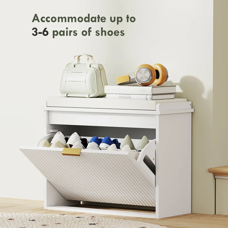 Entryway Bench with Padded Seat, Flip-Drawers, Holds 265lbs, Shoe Storage for 6 Pairs, White