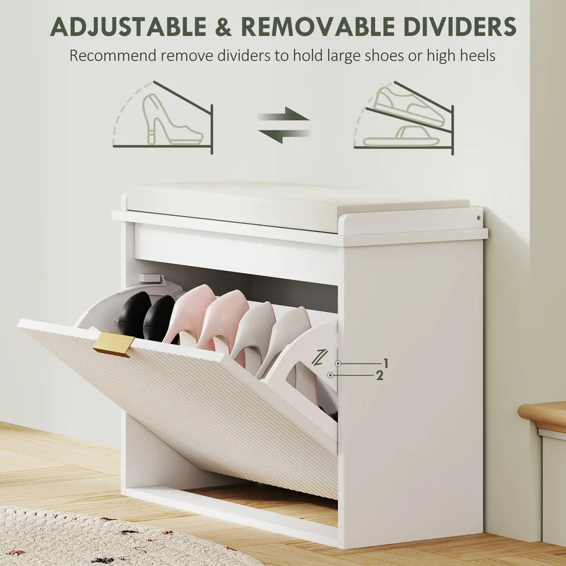 Entryway Bench with Padded Seat, Flip-Drawers, Holds 265lbs, Shoe Storage for 6 Pairs, White