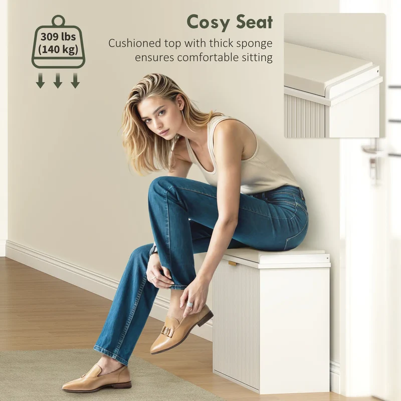 Entryway Bench with Padded Seat, Flip-Drawers, Holds 265lbs, Shoe Storage for 6 Pairs, White