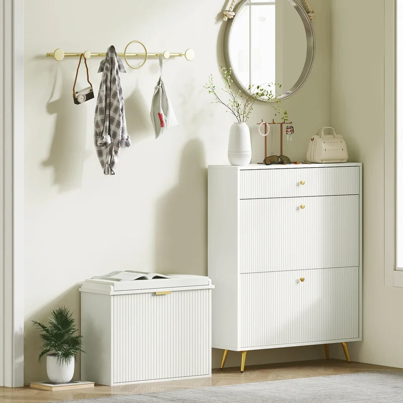Entryway Bench with Padded Seat, Flip-Drawers, Holds 265lbs, Shoe Storage for 6 Pairs, White