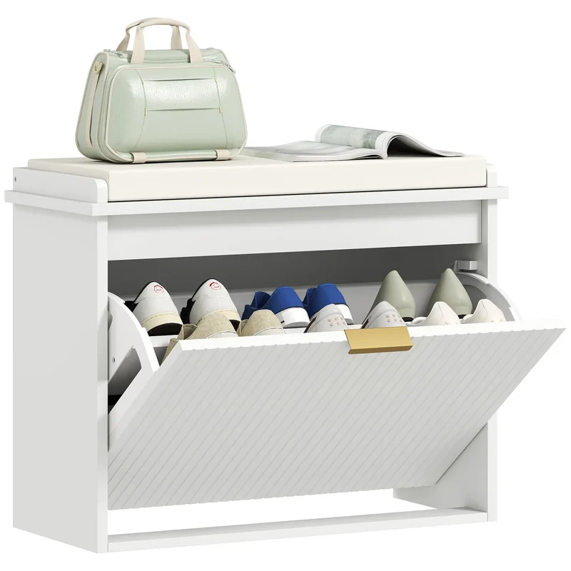 Entryway Bench with Padded Seat, Flip-Drawers, Holds 265lbs, Shoe Storage for 6 Pairs, White