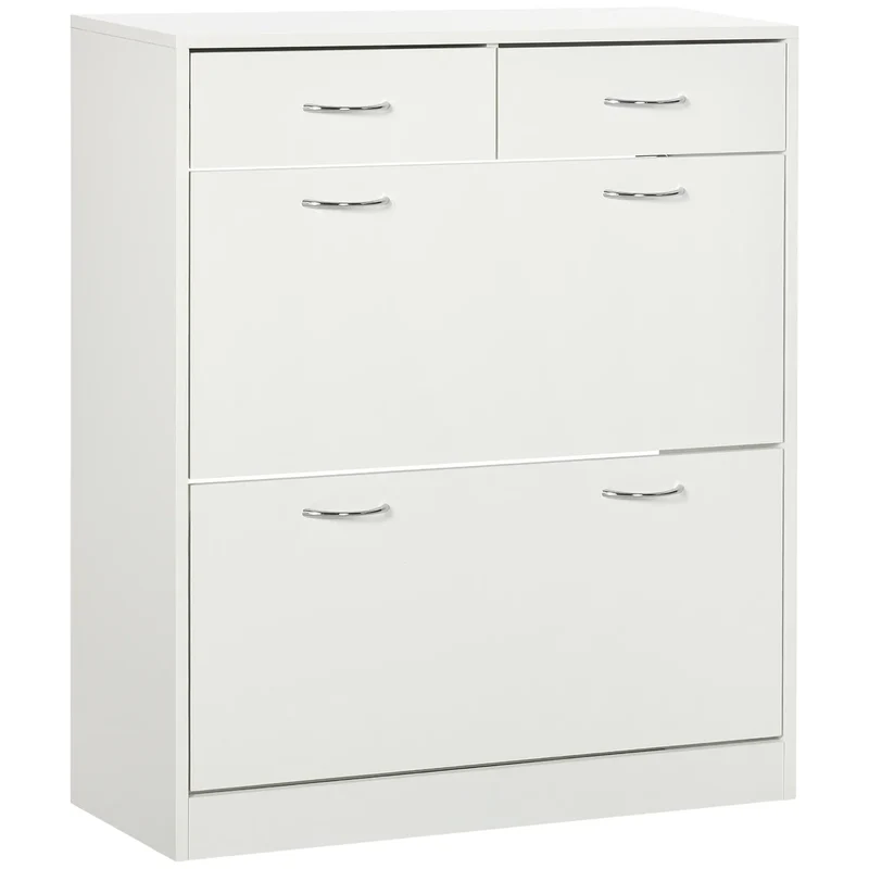 Narrow Shoe Storage, 2 Flip Drawers, Adjustable Shelves, 12 Pairs, White