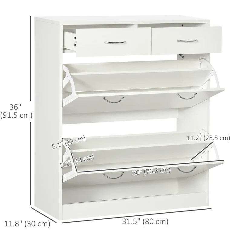 Narrow Shoe Storage, 2 Flip Drawers, Adjustable Shelves, 12 Pairs, White