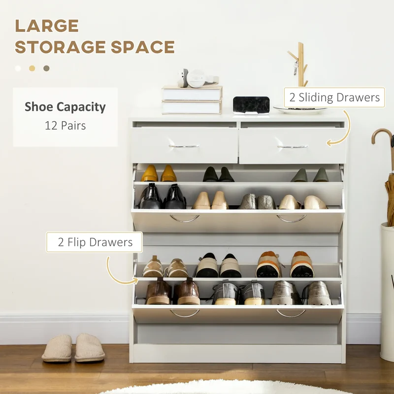 Narrow Shoe Storage, 2 Flip Drawers, Adjustable Shelves, 12 Pairs, White
