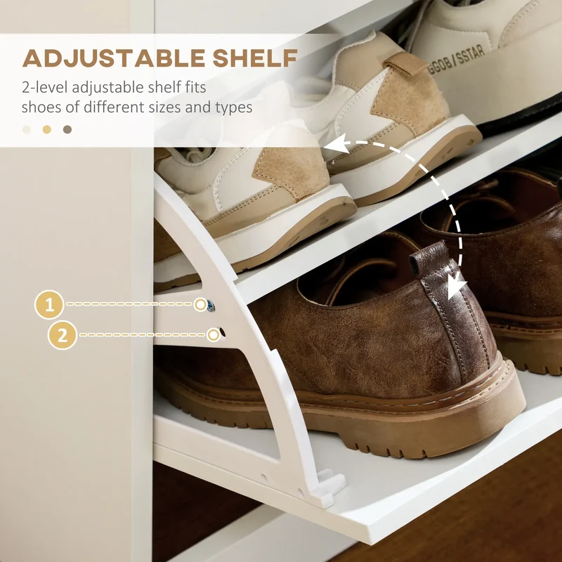 Narrow Shoe Storage, 2 Flip Drawers, Adjustable Shelves, 12 Pairs, White