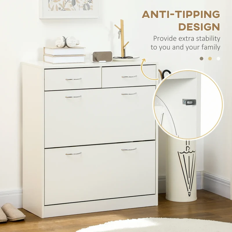 Narrow Shoe Storage, 2 Flip Drawers, Adjustable Shelves, 12 Pairs, White