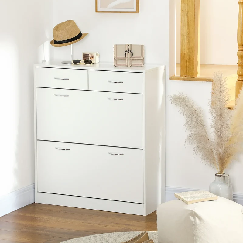 Narrow Shoe Storage, 2 Flip Drawers, Adjustable Shelves, 12 Pairs, White