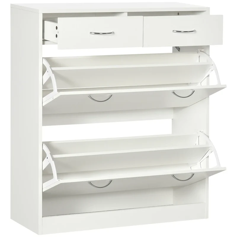 Narrow Shoe Storage, 2 Flip Drawers, Adjustable Shelves, 12 Pairs, White
