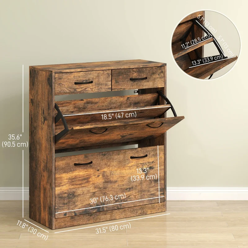 Narrow Shoe Storage, 2 Flip Drawers, Adjustable Shelves, 12 Pairs, Brown