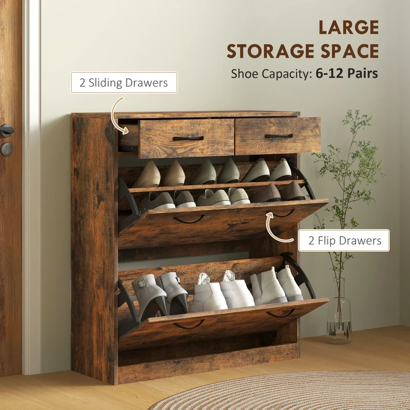 Narrow Shoe Storage, 2 Flip Drawers, Adjustable Shelves, 12 Pairs, Brown