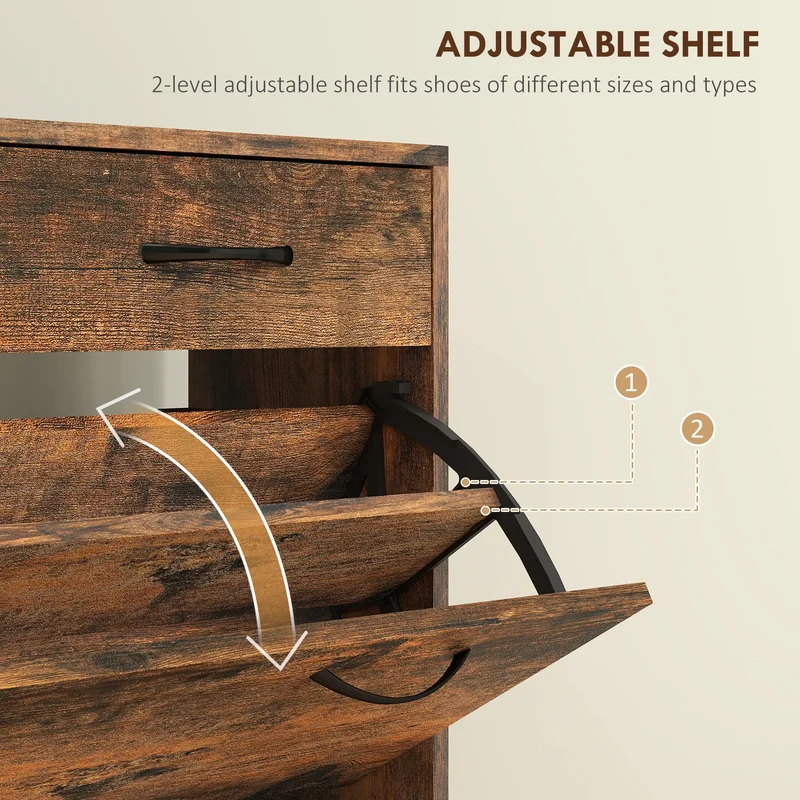Narrow Shoe Storage, 2 Flip Drawers, Adjustable Shelves, 12 Pairs, Brown