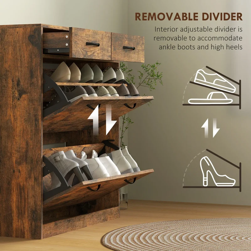 Narrow Shoe Storage, 2 Flip Drawers, Adjustable Shelves, 12 Pairs, Brown