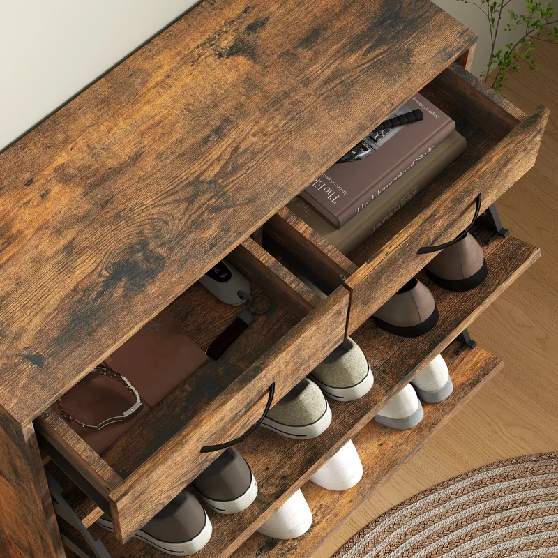 Narrow Shoe Storage, 2 Flip Drawers, Adjustable Shelves, 12 Pairs, Brown