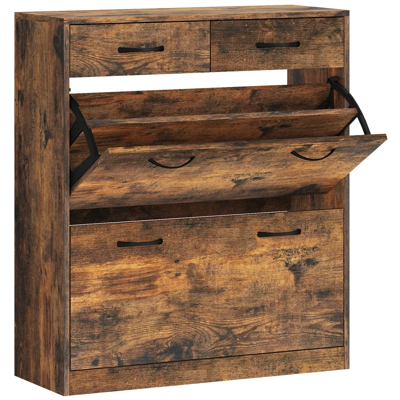 Narrow Shoe Storage, 2 Flip Drawers, Adjustable Shelves, 12 Pairs, Brown