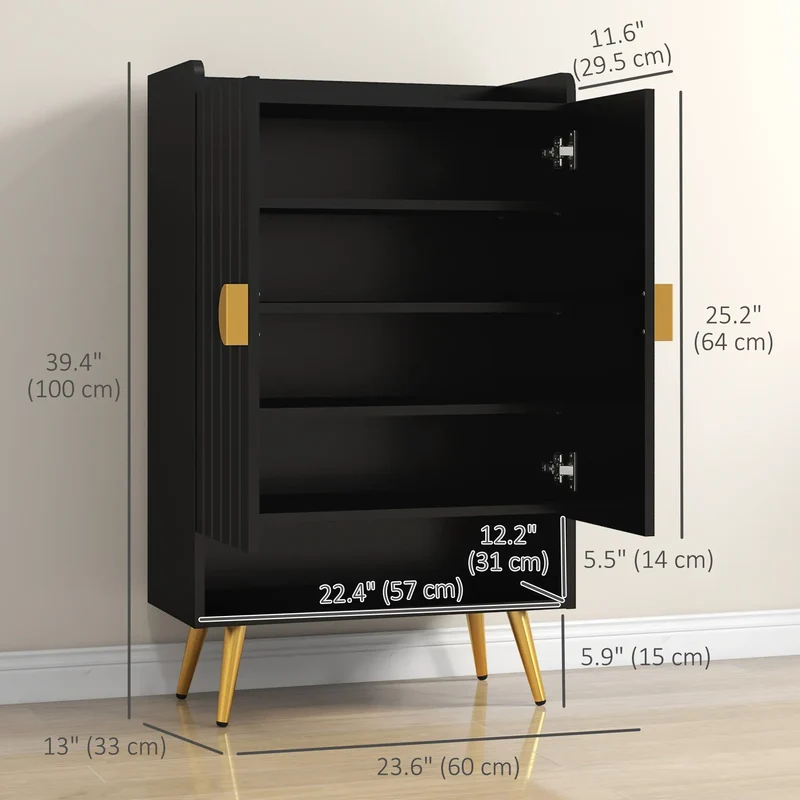 Narrow Shoe Storage Cabinet, Adjustable Shelves for 15 Pairs, Black
