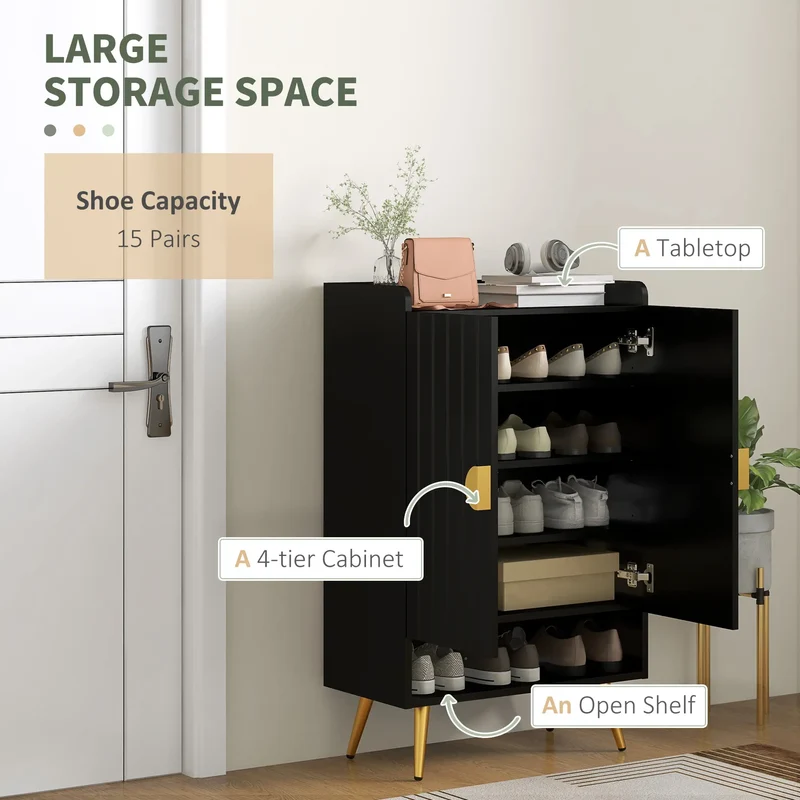 Narrow Shoe Storage Cabinet, Adjustable Shelves for 15 Pairs, Black