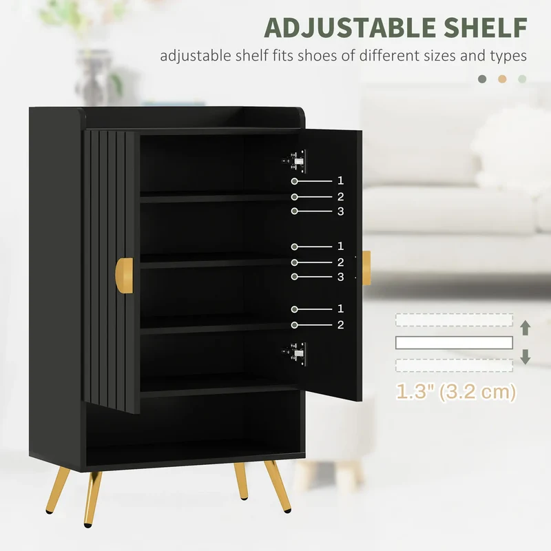 Narrow Shoe Storage Cabinet, Adjustable Shelves for 15 Pairs, Black