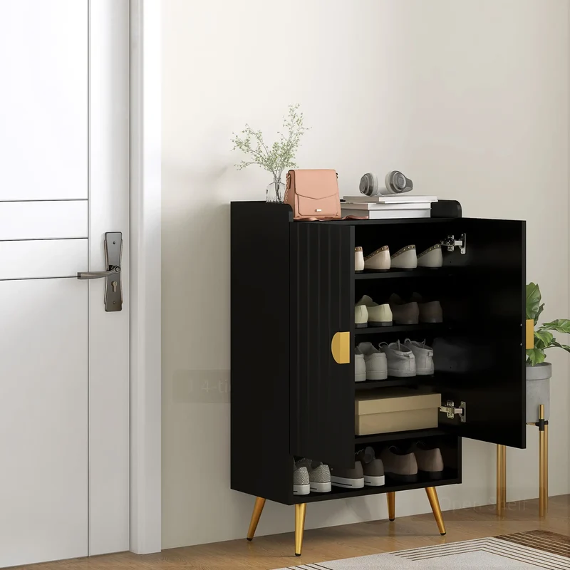 Narrow Shoe Storage Cabinet, Adjustable Shelves for 15 Pairs, Black