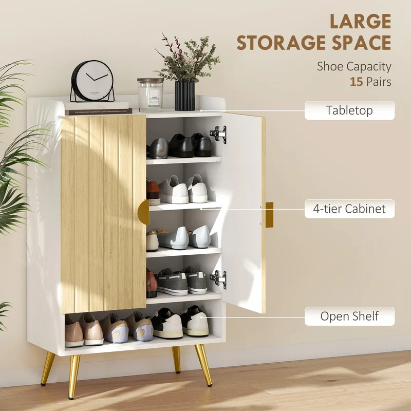 Entryway Shoe Storage Cabinet, Adjustable Shelves, Open Shelf, 15 Pairs, Natural