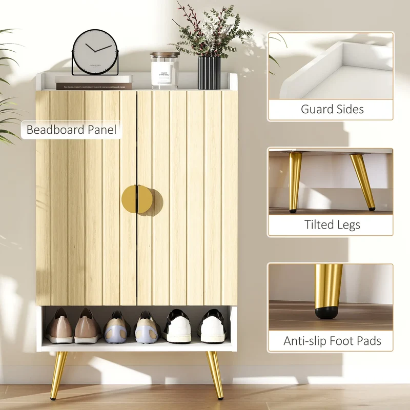 Entryway Shoe Storage Cabinet, Adjustable Shelves, Open Shelf, 15 Pairs, Natural