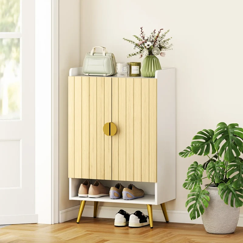 Entryway Shoe Storage Cabinet, Adjustable Shelves, Open Shelf, 15 Pairs, Natural